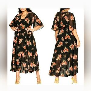 CITY CHIC Petal Power Floral Black Pink Wrap Midi Dress